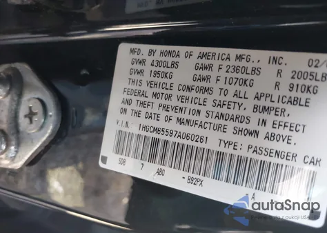 2007 Honda Accord 3.0 Ex z USA, uszkodzony, nr VIN 1HGCM65597A060261